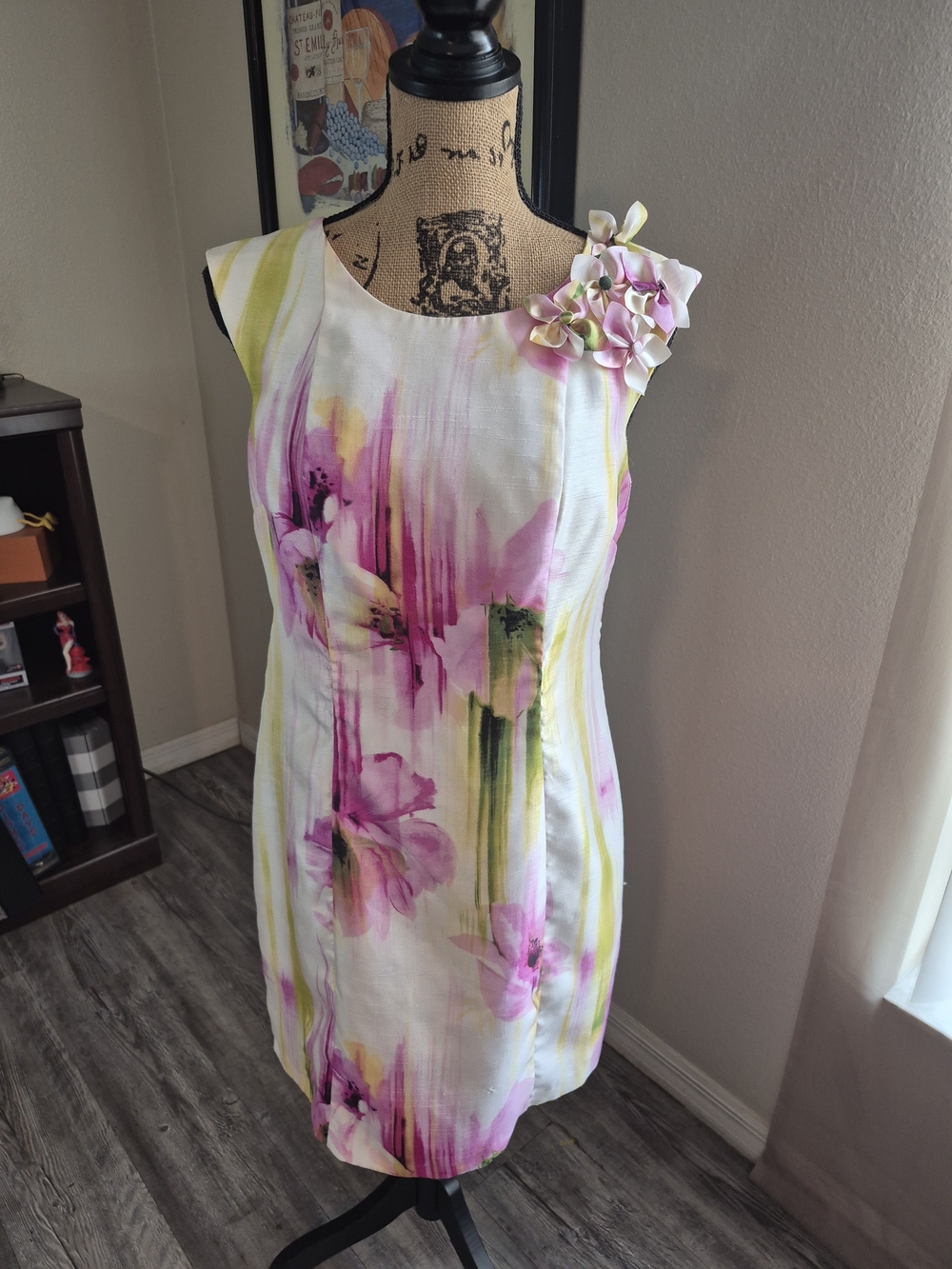 Floral Watercolor Pink & White Sleeveless Mini Dress with Shoulder Blossom